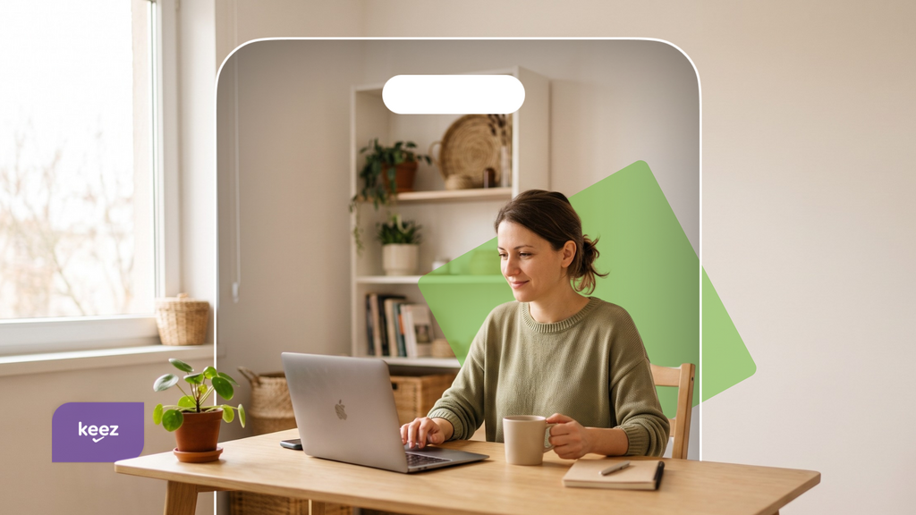 Antreprenoare verificând documentele financiare pe laptop, pregătită pentru un control ANAF